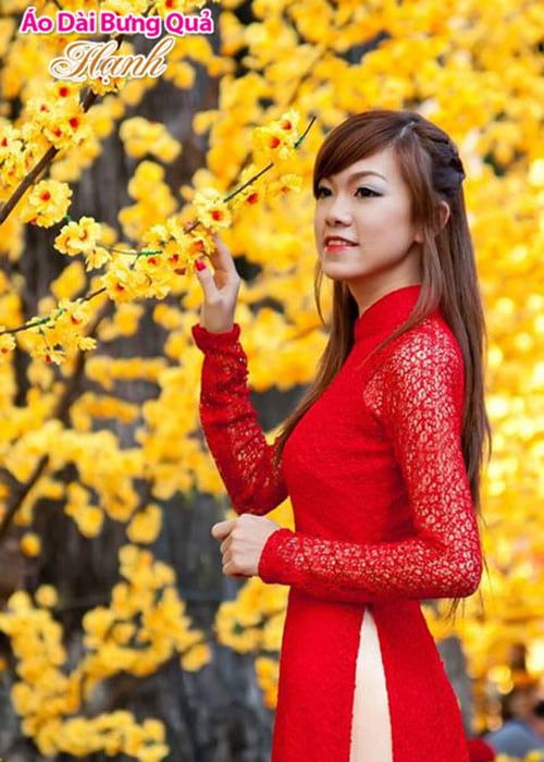 Áo dài đỏ tươi ren lưới cổ truyền thống tay dài cúp ngực
