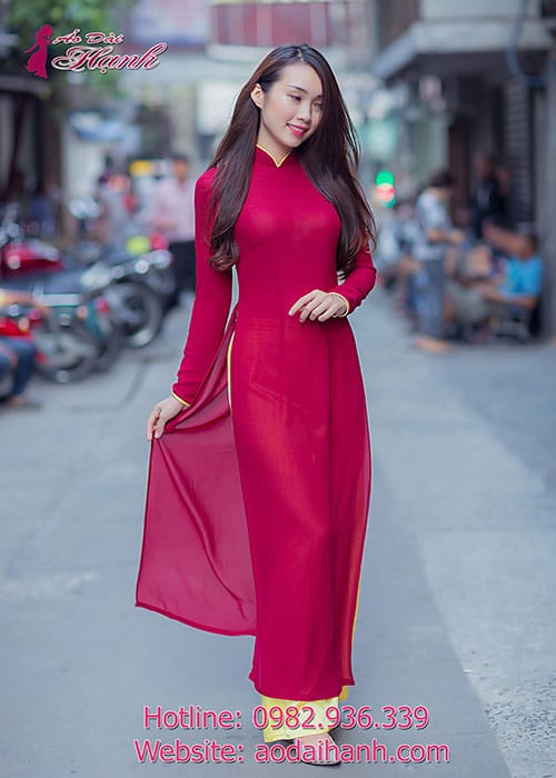 Áo dài đỏ đô chiffon cổ truyền thống viền vàng tay dài